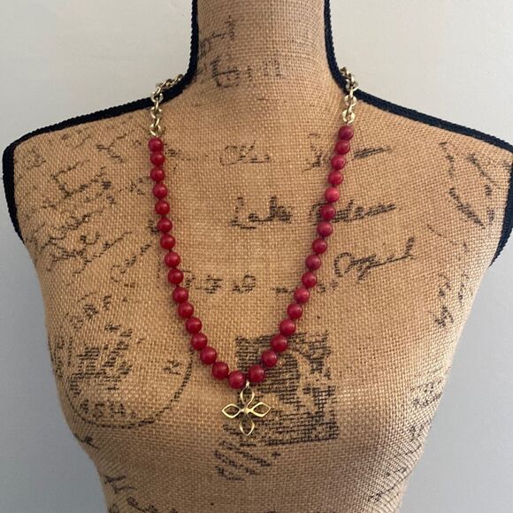 Fossil Red Beaded Necklace with Gold Tone Flower Charm - Picture 1 of 5
